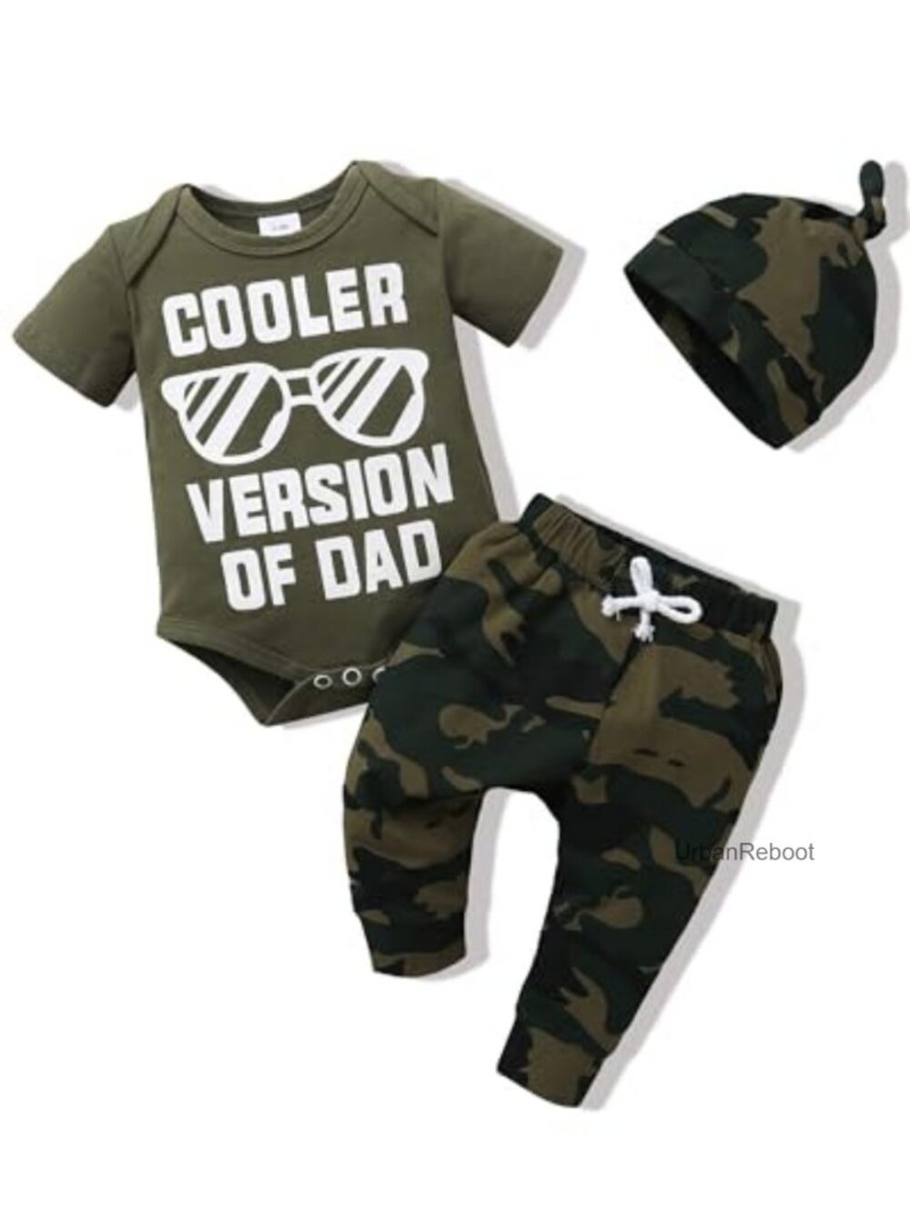 Baby Boy Letter Print Romper Jumpsuit with Camo Pants and Hat Set